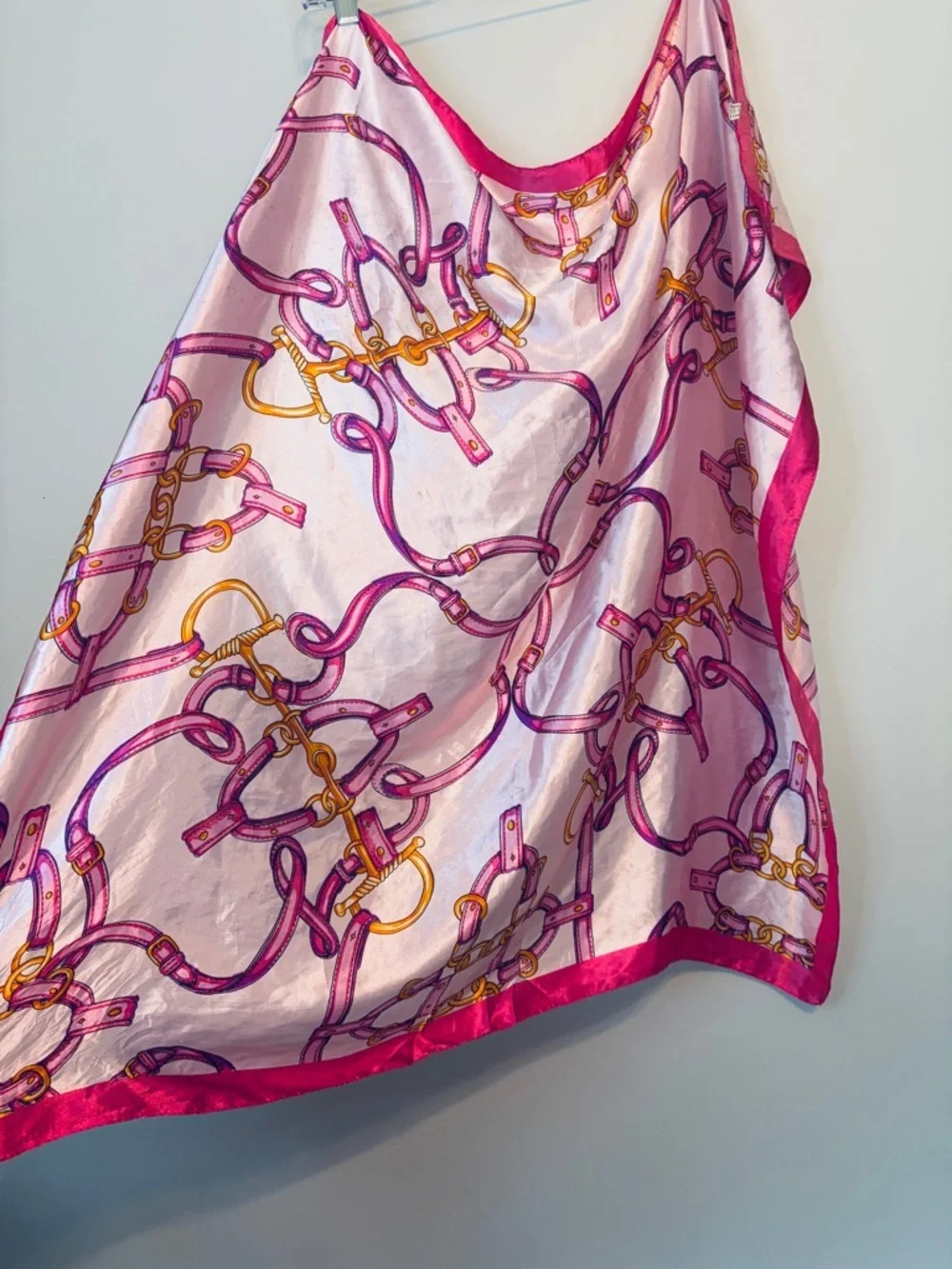 Silky Pink Chain Print Scarf with Magenta Border